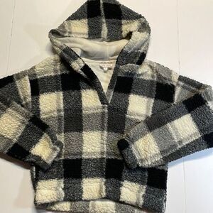 Pink Rose women’s black/gray/cream plaid Sherpa crop hooded pullover size S